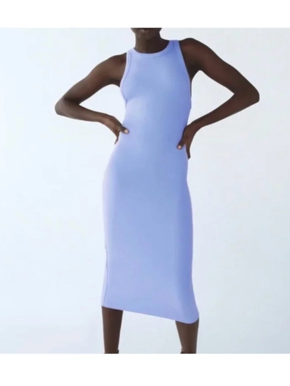 Zara Periwinkle Blue Ribbed Stretch Bodycon Contour Midi Tank Dress, NWT Sz M